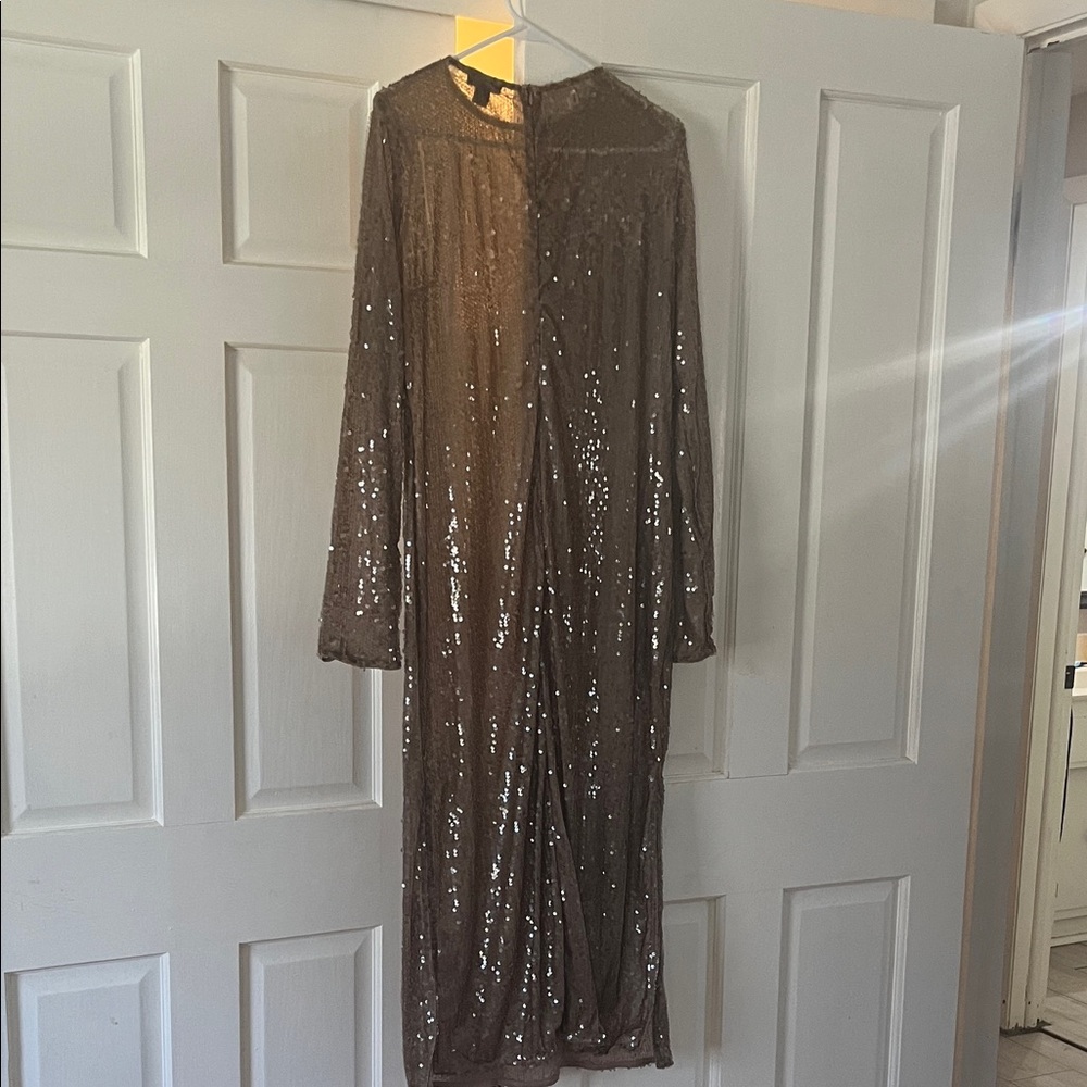 Boohoo Taupe Sequin Long Sleeve Midi Dress - Picture 10 of 10